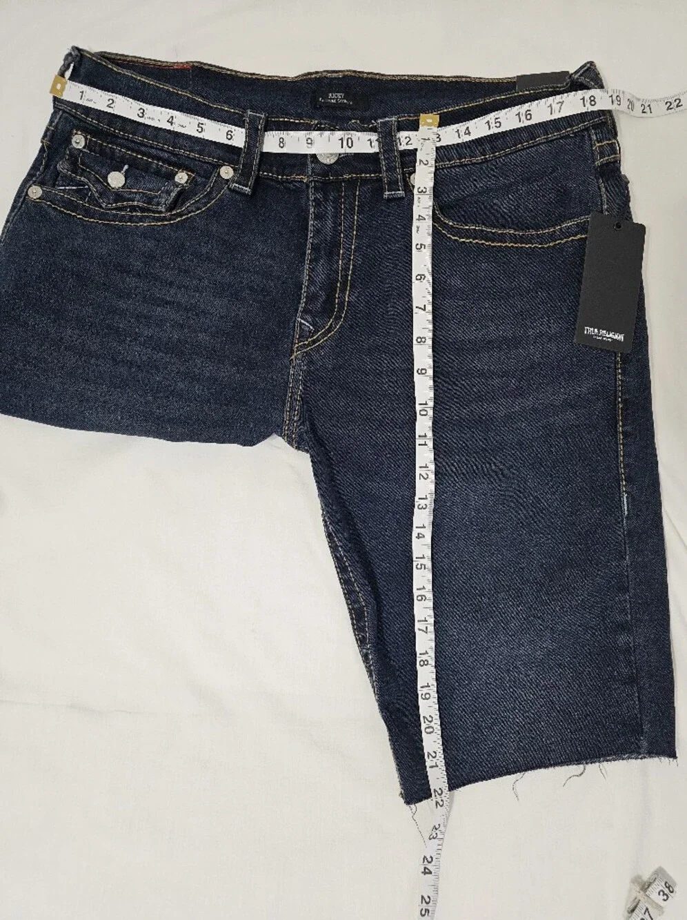 True Religion Ricky Big T Flap Raw Hem Denim Shorts Men's 34 Dark Wash Relaxed